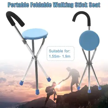 

Iron + Plastic Light Weight with Seat Folding Tripod Cane Hiking Chair Portable Walking Stick With Seat For The Elder