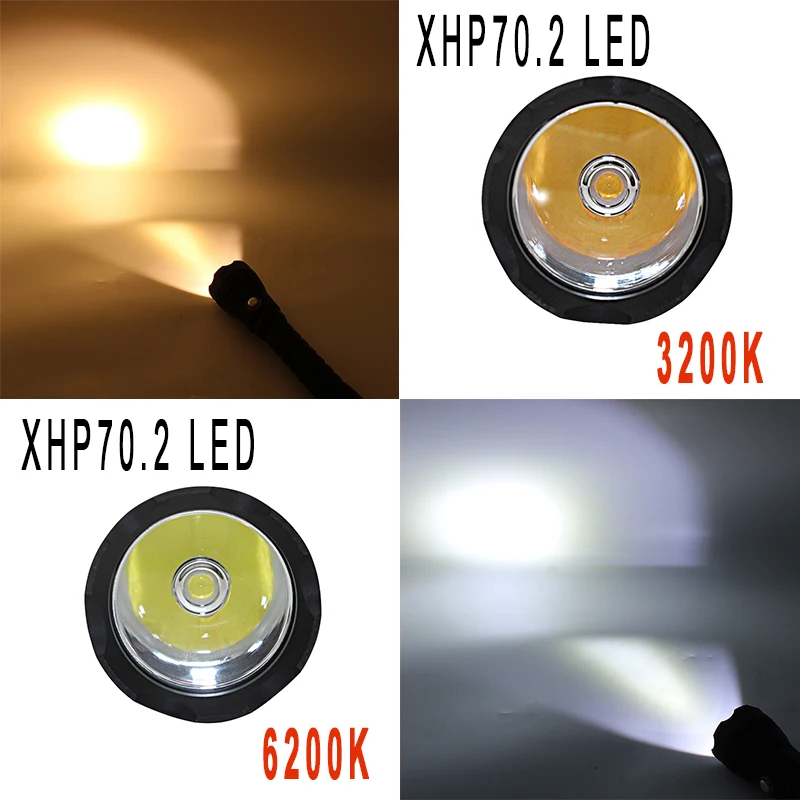 Фото Светодиодный фонарь для дайвинга XHP70.2, тактический фонарь с желтым/белым светом для дайвинга, Подводная Водонепроницаемая лампа для погружения с глубиной до 26650 м, 4000 люмен №2