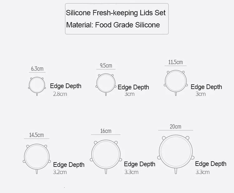 Zhang Ji 6 шт Силиконовые эластичные крышки для хранения кухонного холодильника самозатягивающиеся 2,6-8,1 дюймовые пищевые многоразовые