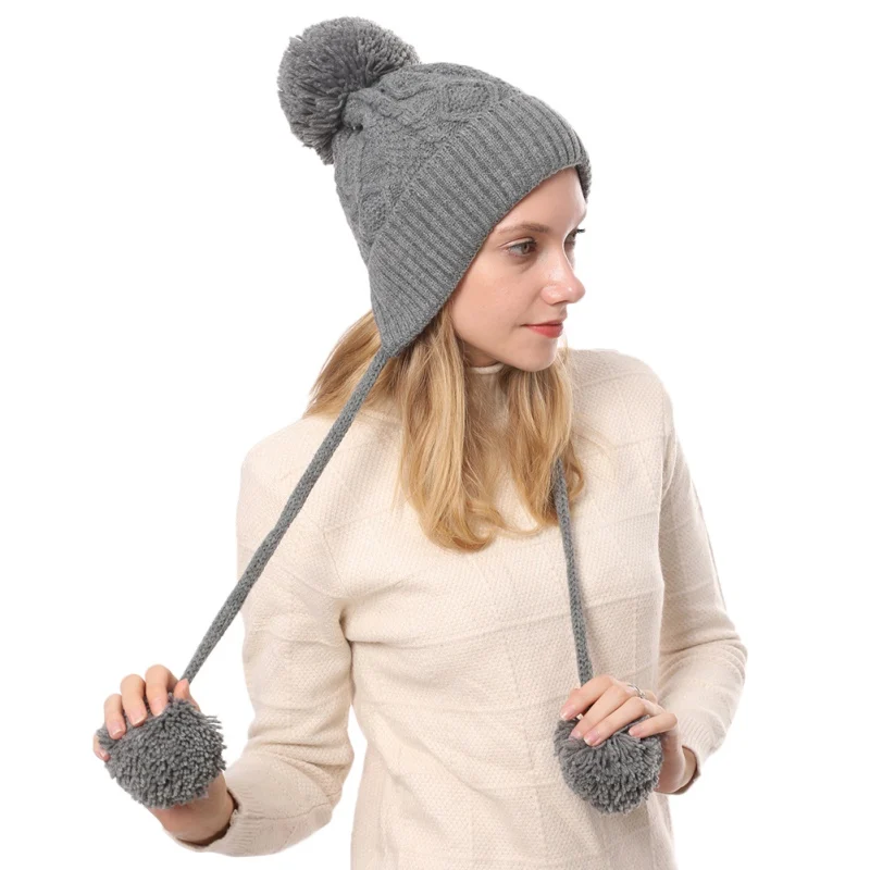 Модная зимняя женская шапка с помпоном, Толстая теплая вязаная шапка Skullies, одноцветная шапка для улицы