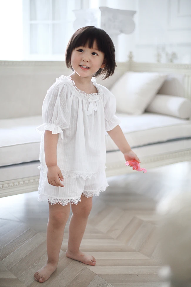 Summer Girl Cotton Ruffle Tops+Shorts Bow Pajama Set.Vintage Toddler Kid Lace Pyjamas Set.Victorian Children Sleepwear Nightwear pajama sets affordable	