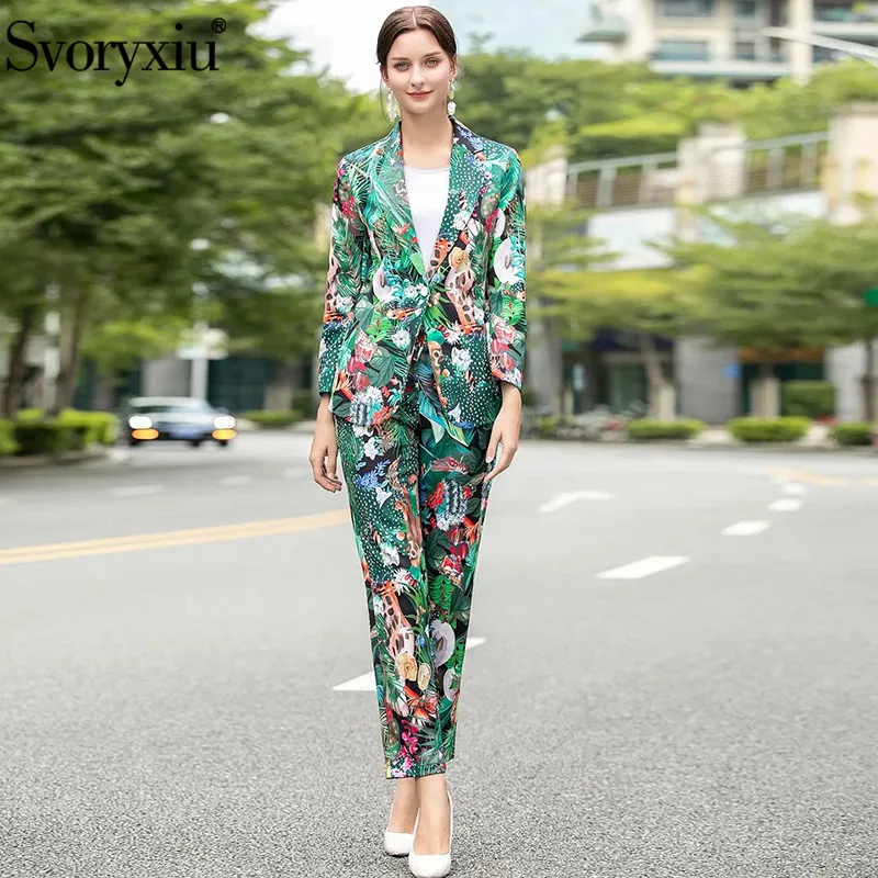 

Svoryxiu 2020 Runway Autumn Winter Rainforest Flower Print Two Piece Set Women's Long Sleeve Coat + Pants Fashion Blazer Suit