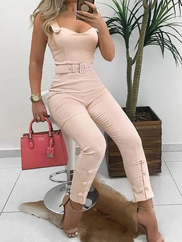 

2019 Summer Elegant Leisure Overalls Skinny Slim V-Neck Sleeveless Casual Romper Thin Strap Button Rompers Womens Jumpsuit