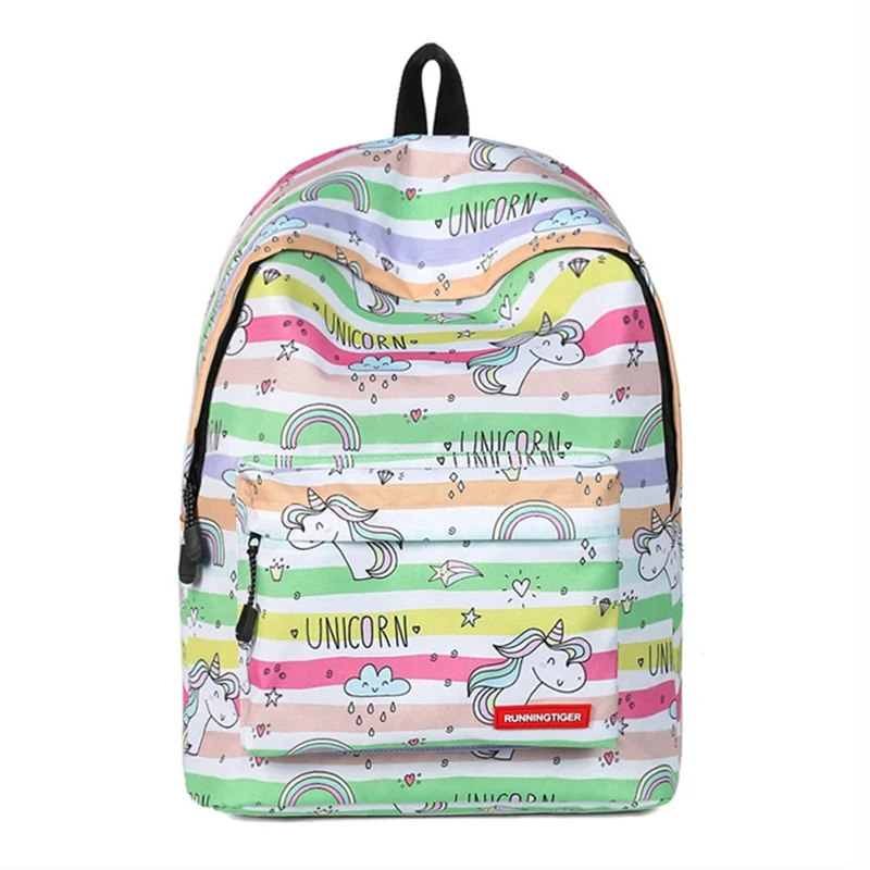 

1 PC Unicorn Backpack Canvas Schoolbag Colorful Stripe Backpack Women Girls Large Capacity School Bag Travel Backpack Dropship