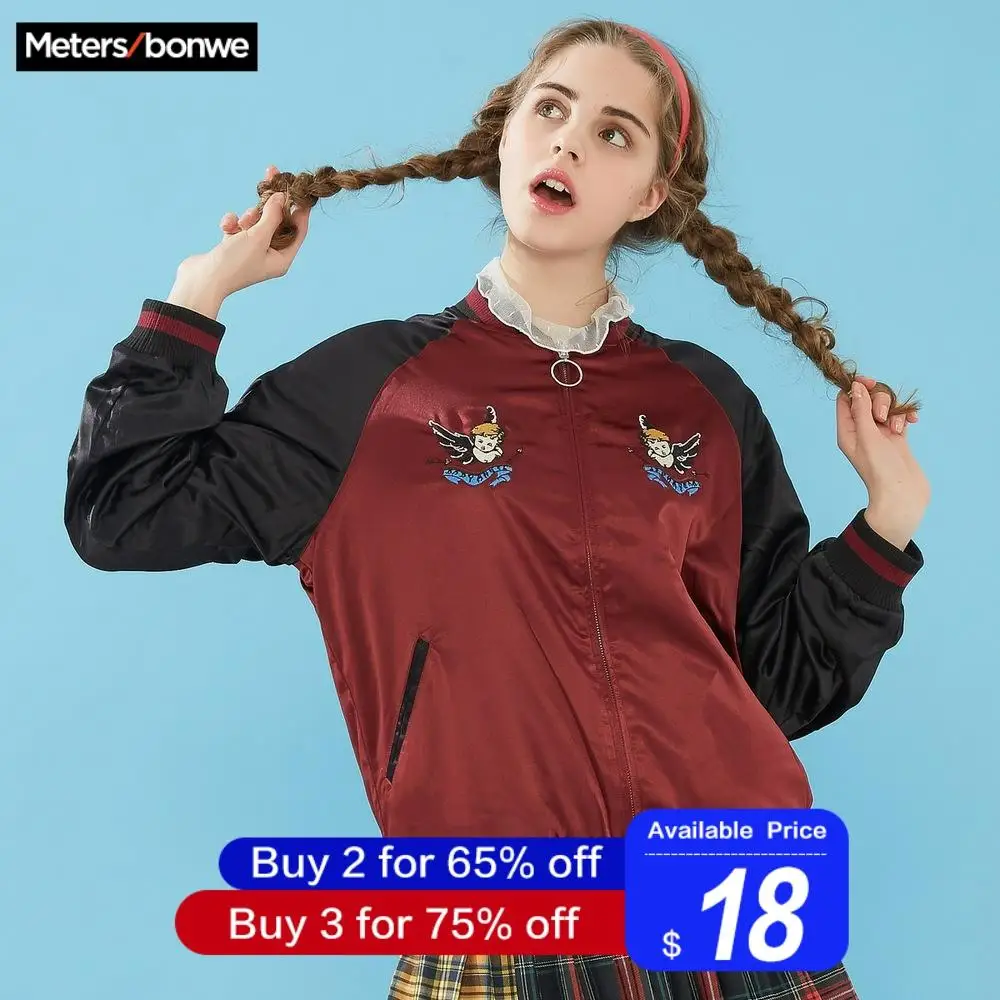 Metersbonwe Новая модная бейсбольная куртка женская осенняя одежда Двусторонняя Куртка бомбер женская куртка Женский маленький ангел узор