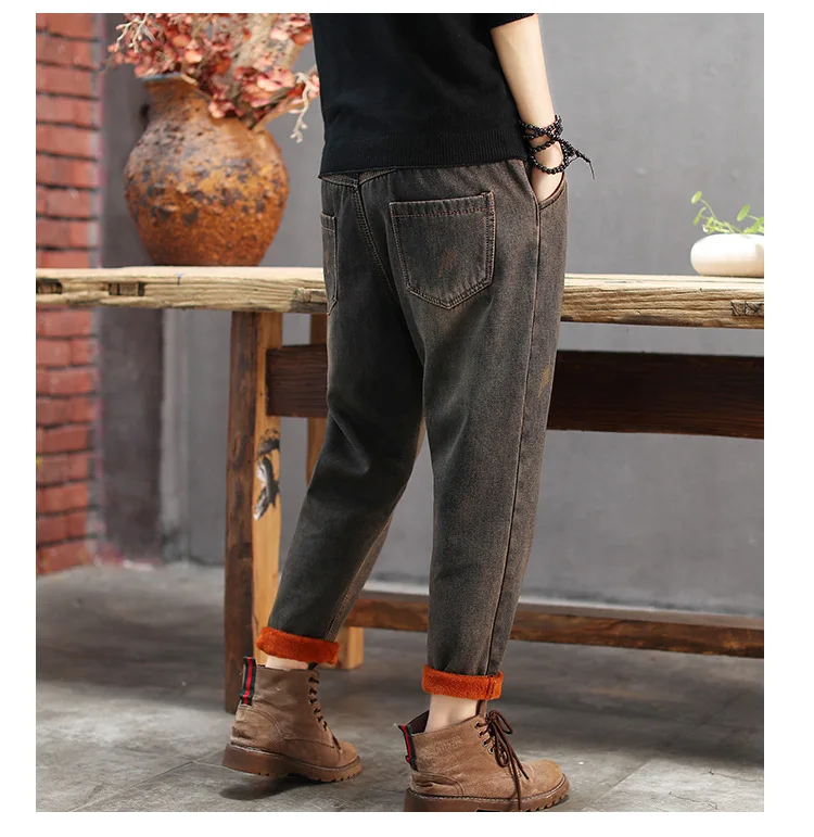 Women Jeans Winter Elastic Waist Fleece Warm Casual Denim Pants New Ladies Loose Patchwork Panelled All-match Trousers