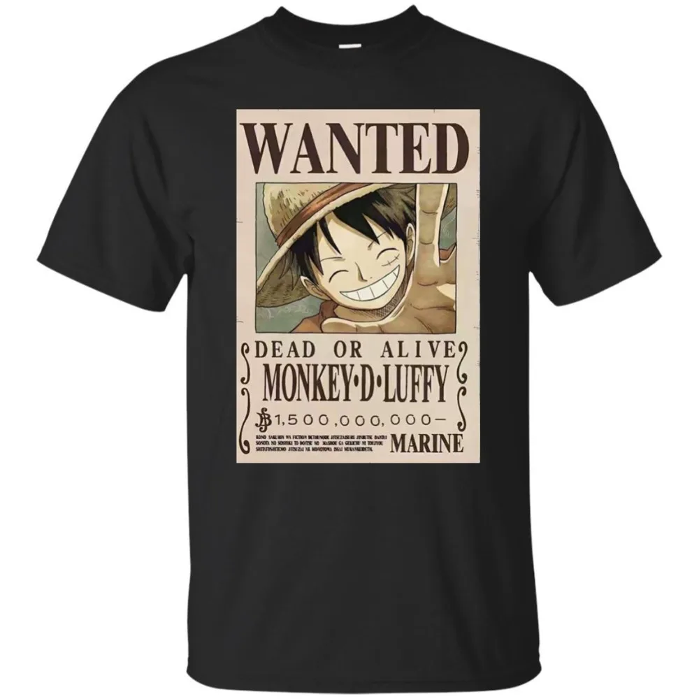 One Piece Anime Monkey D. Luffy'S Wanted Poster Tee Sleeve T-Shirt Black Navy t Shirt 2019 Fashion Men Casual |