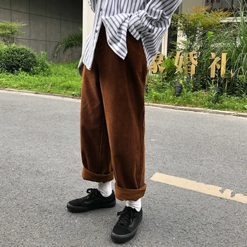 

2019 Men's Loose Corduroy Fabric Cargo Casual Pants Waist Elastic Bound Feet Black/coffee Trousers Joggers Sweatpants M-XL