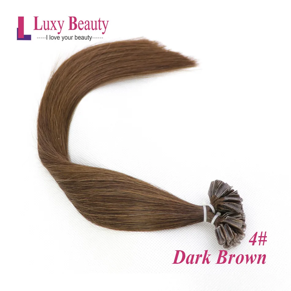 LuxyBeauty, волосы для ногтей, 1 г/шт., 1"-22"#4, темно-коричневые человеческие волосы, накладные волосы, кератиновые, Remy, прямые, машина, сделано