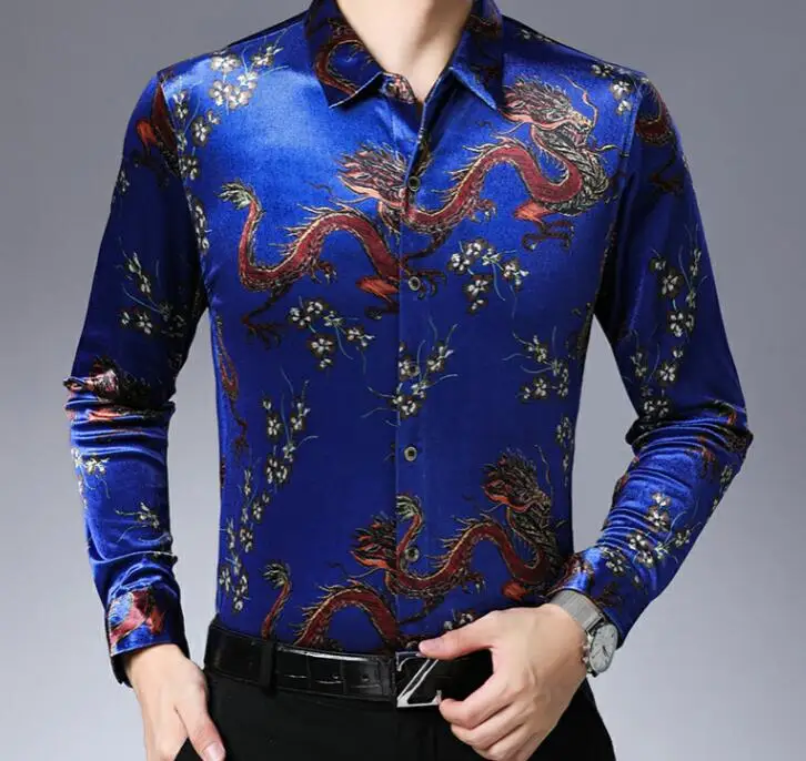 Высокое качество Мода Slim Fit золотистое бархатное платье рубашка для мужчин Китай Дракон печати длинный рукав мужские платья рубашки - Цвет: Синий