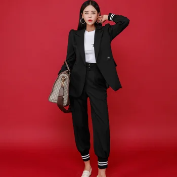 

New two Piece Set 2019 Autumn Winter Pant Suits Double Breasted Slim Blazer Jacket + Fashion Casual Pant Office Lady 2 Piece