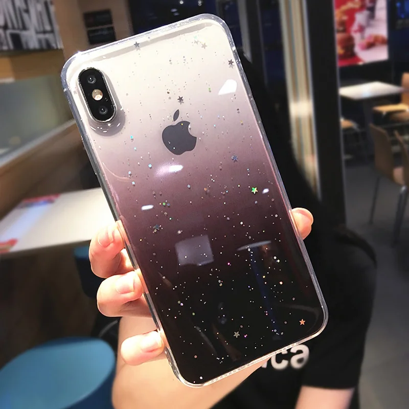 USLION Bling Powder Silicone Phone Case For iPhone 11 Pro X XR XS Max Glitter Stars Transparent Cover For iPhone 7 8 6 6s Plus - Цвет: Black