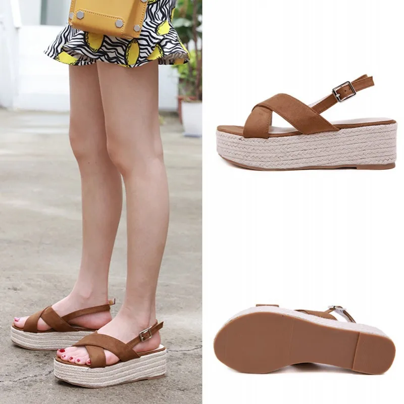 

Buckle Roman Sandals Black Shoes For Women All-Match Espadrilles Platform Open Toe High Heels Clogs Wedge 2019 Women's 2019