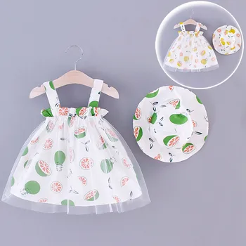 

Baby Girls Clothing 2020 summer Baby Girls Sleeveless Lemon Print Tulle Princess Suspender Dress+Hat