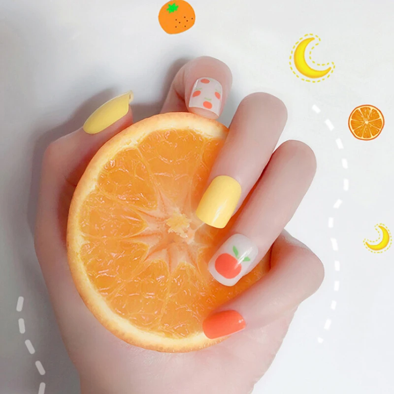 24 шт. фруктовые сладкие оранжевые поддельные ногти искусственные пальцы в готовую продукцию Wite 2 г клей поддельные ногтей