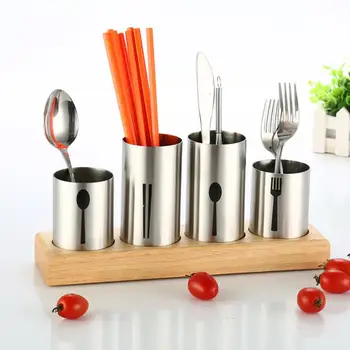 

Holder for Knives Forks Ideal for Kitchen, Dining, Entertaining, Buffet, Picnic Stainless Steel with Bamboo Wood Base