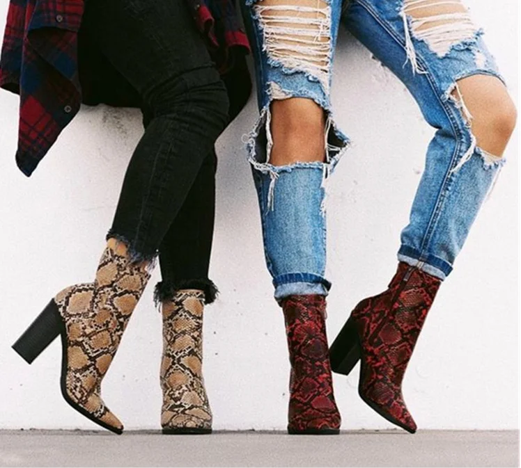 Plus Size 35-42 Women Boots High Heels Fetish Stripper Serpentine Ankle Prom Snake Print Block Chunky Red | Обувь