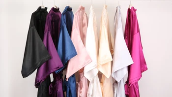 

C&Fung new sexy lady plain robe Women's Satin Short Kimono wedding Robe Bathrobe silky Pajamas dressing gown robes S-XXL