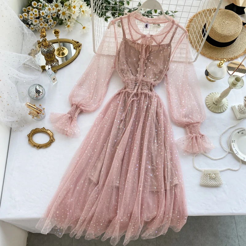 YuooMuoo, хорошее качество, Звездные блестящие розовые кружевные вечерние платья, весна-осень, модное длинное женское платье, элегантное женское платье с пышными рукавами