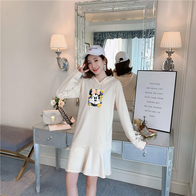 

Plus Size Spring Autumn Women Dress Long Sleeve Cartoon Minnie Hooded Dresses Loose Casual Ruffle Knee-length Dress