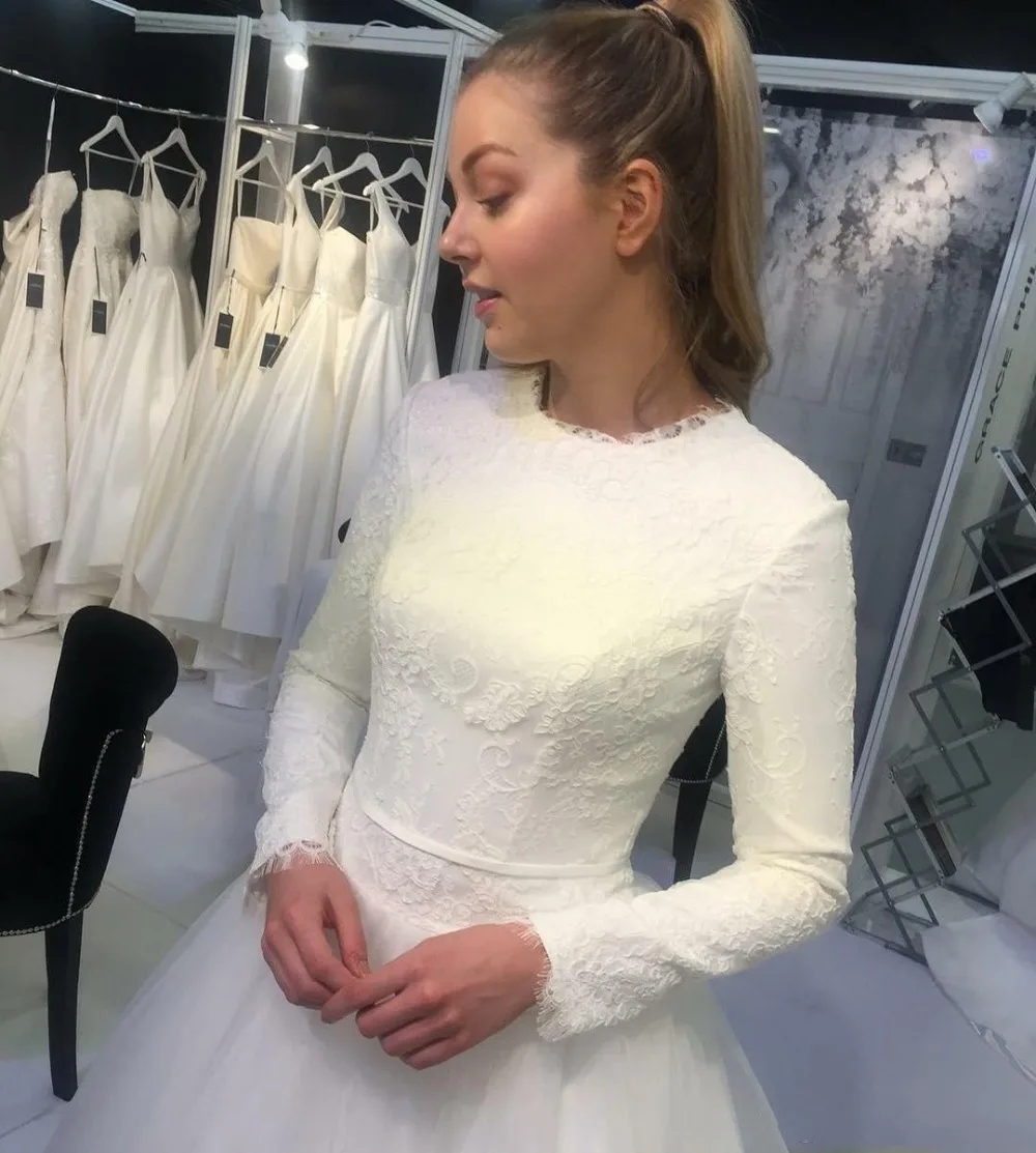 Элегантное мусульманское свадебное платье robe de mariee Свадебные платья с длинными рукавами ручной работы Линия Аппликация Кружевное подвенечное платье