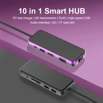 

Type C Docking Station 10 In 1 USB HUB Splitter Adapter USB3.0 4K HDMI VGA RJ45 3.5mm AUX SD Card Readers PD Power Fast Charging