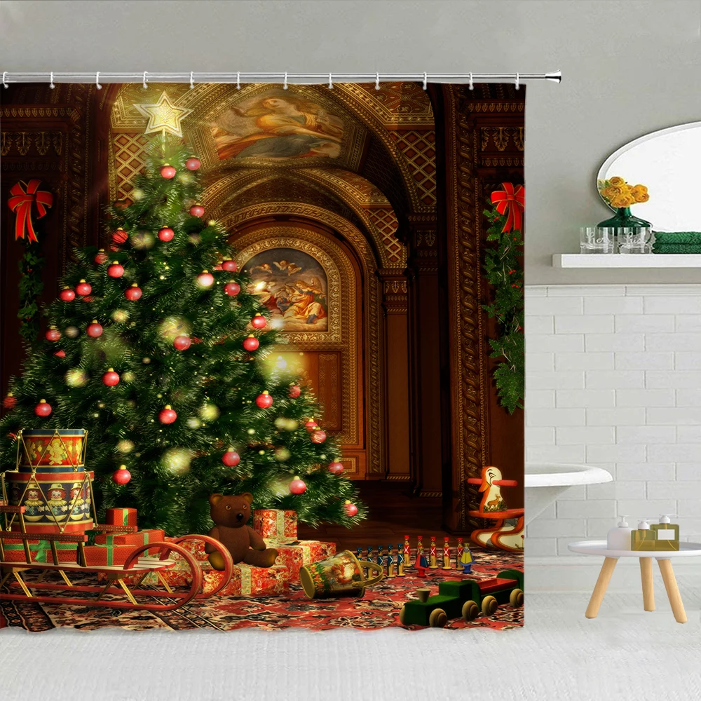 

Christmas Tree Shower Curtain Santa Claus Festival Decoration Fabric High Quality Bathroom Supplies With Hooks Cloth Curtains