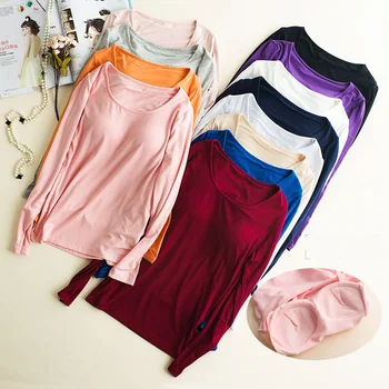 

Bra Padded Basic T-shirt Women Modal Long Sleeve O Neck Solid Tee Shirt Built In Bra Casual Soft Breathable Tee Tops