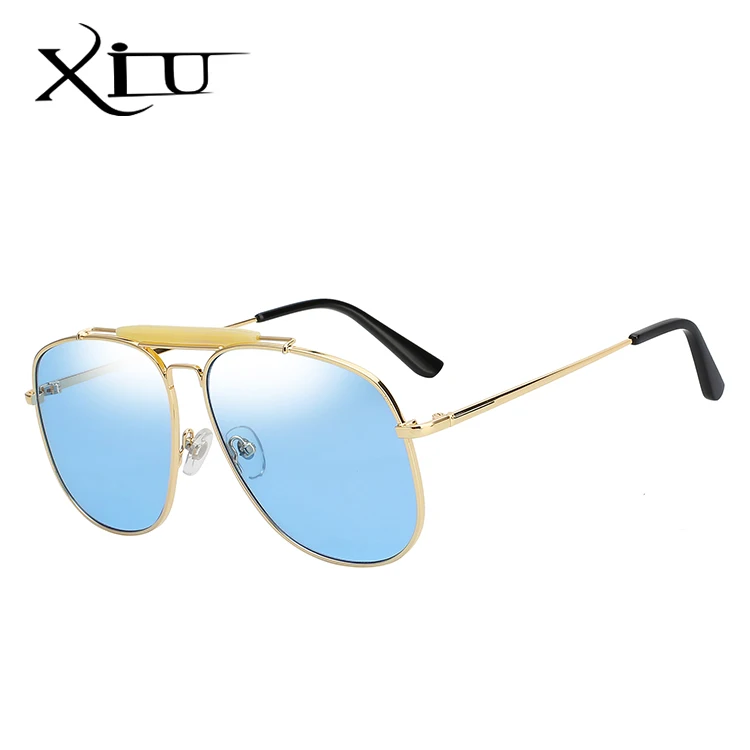 XIU солнцезащитные очки больших размеров мужские и женские брендовые дизайнерские очки Модные Ретро Винтажные Солнцезащитные очки для пилота стиль высокого качества UV400 - Цвет линз: Gold w sea blue
