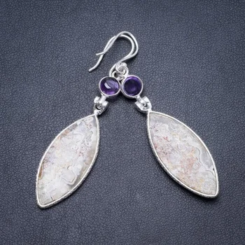 

Natural Crazy Lace Agate and Amethyst Handmade Unique 925 Sterling Silver Earrings 2.5" Y2594