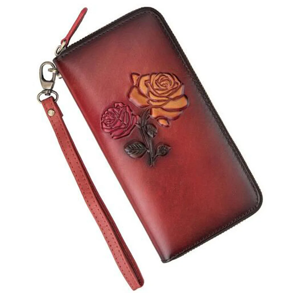 Genuine Embossed Leather Wrist Money Bags Female ID Credit Cards Clips Cash Flower Women Clutch Wallet Zipper Bag Long Purse