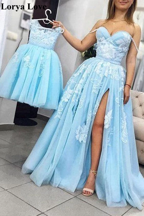 

Light Blue Split Prom Dresses 2020 New Mother And Daughter Tulle Formal Party Evening Gowns Elegant Lace Applique Vestido Fiesta