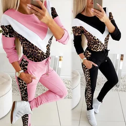 Chándal de dos piezas con estampado de leopardo para mujer, Conjunto de sudadera y pantalones para correr, ropa deportiva femenina, Primavera