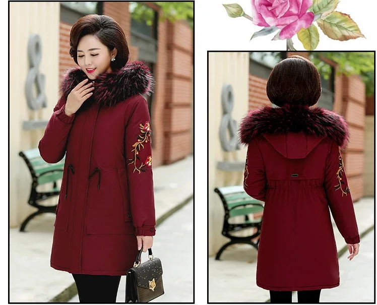UHYTGF 5XL размера плюс Паркер Женская мода вышивка меховой воротник зимняя куртка женская с капюшоном толстый ветрозащитный теплый хлопок пальто 1008