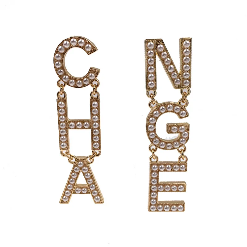 

Trendy white pearl cz big letter CHANGE drop earring for women