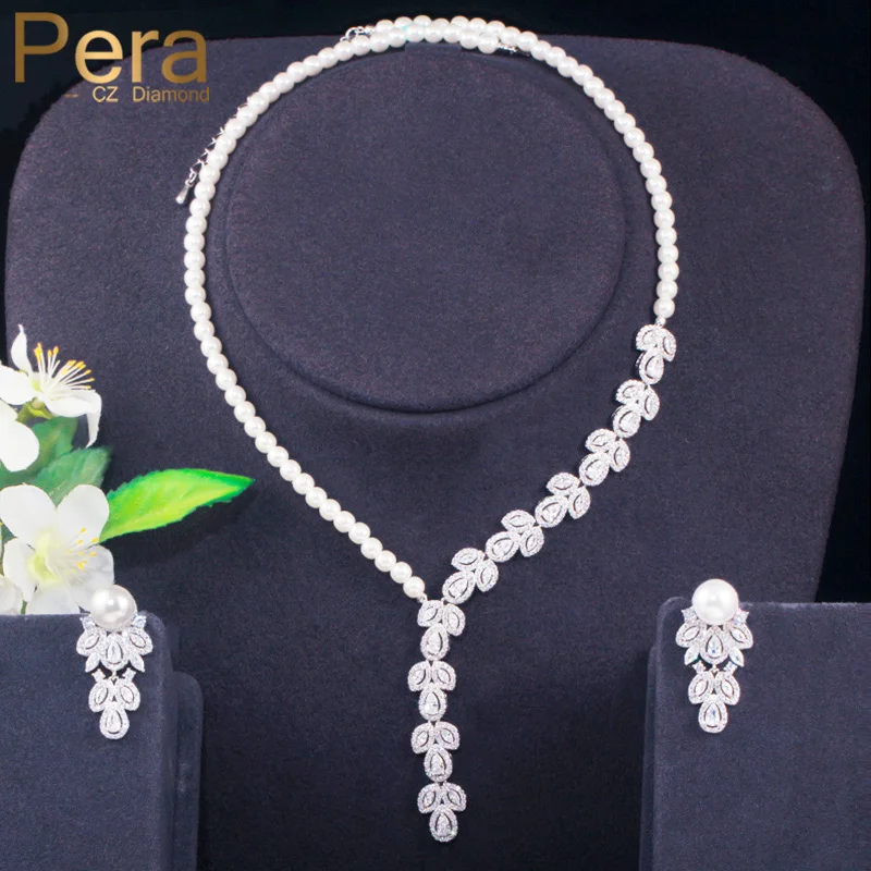 Long Simulated Pearl CZ Necklace Earring Bracelet Wedding Bridal Jewellery Set