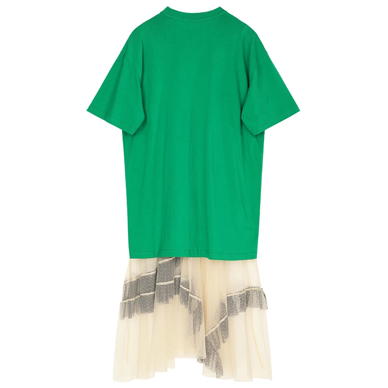 [EAM] Новое весенне-летнее платье с круглым вырезом и коротким рукавом, зеленое Сетчатое платье с разрезом, большие размеры, модное женское платье JU724