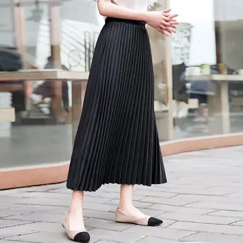 

solid womens Skirts female pleated long skirts high waist ladies loose maxi skirt autunm casual spring new fashion