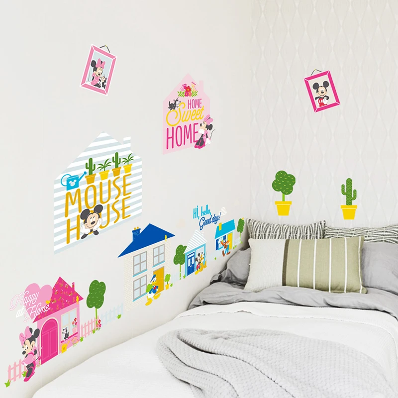 Cartoon Disney Mickey Minnie Mouse Sweet Home Wall Stickers For Kids Room Home Decor Bedroom Wall PVC DIY Mural Art Wallpaper