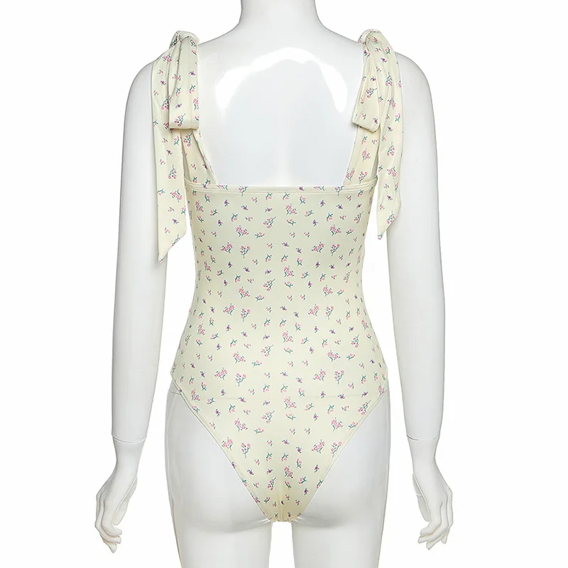 Yissang Print Floral Lace Up Bow Summer Bodysuit Women Backless Straps Corp Top Short Jumpsuit Sexy Playsuit Beach Wear Mujer