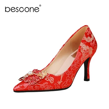 

BESCONE New Fashion Women's Pumps Wedding Pointed Toe Shallow Red Festive High Quality Silk Shoes Spring Comfortable Pumps BO444