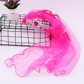 

Children Girls Princess Double Layers Tulle Veils Hairband Crown Tiara Rhinestone Headband Lace Up Ribbon Ruffles Wreath Rainbow