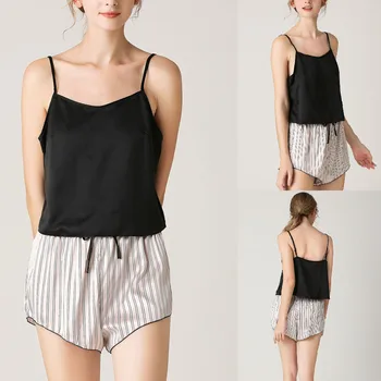

Sleeveless short pajama suit 2020 Womens Sexy Simulation Short Sleeve Sleepwear Short Nightwear 2 Pieces Sets #1