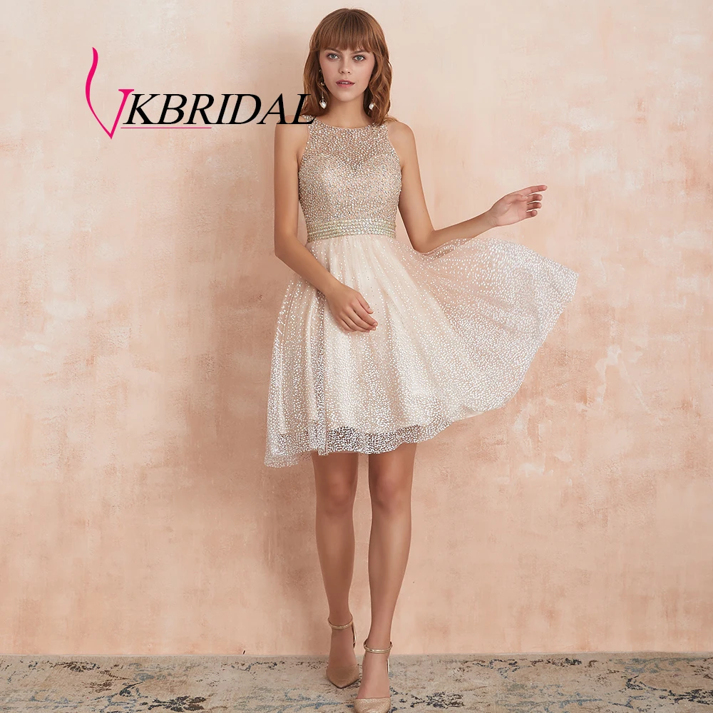 VKBRIDAL сверкающие бисерные короткие платья для выпускного вечера светильник цвета шампань платье для выпускного вечера сексуальные блестящие коктейльные платья Abiye Vestido