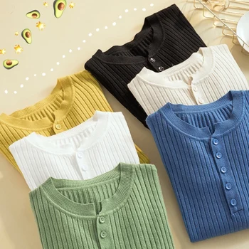 

Winter Solid Knitted Women Sweaters And Long Sleeve O-Neck Casual Pullovers Sueter Mujer Tops Korean Kawaii Sweet Button Jumper