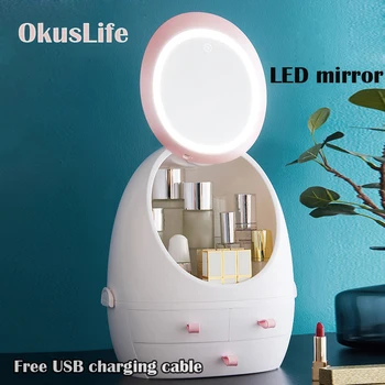 

USB Rechargeable Makeup Organizer Cosmetic Storage Box Portable Jewelry Container Dust proof Drawer Waterproof Mirror LED Light