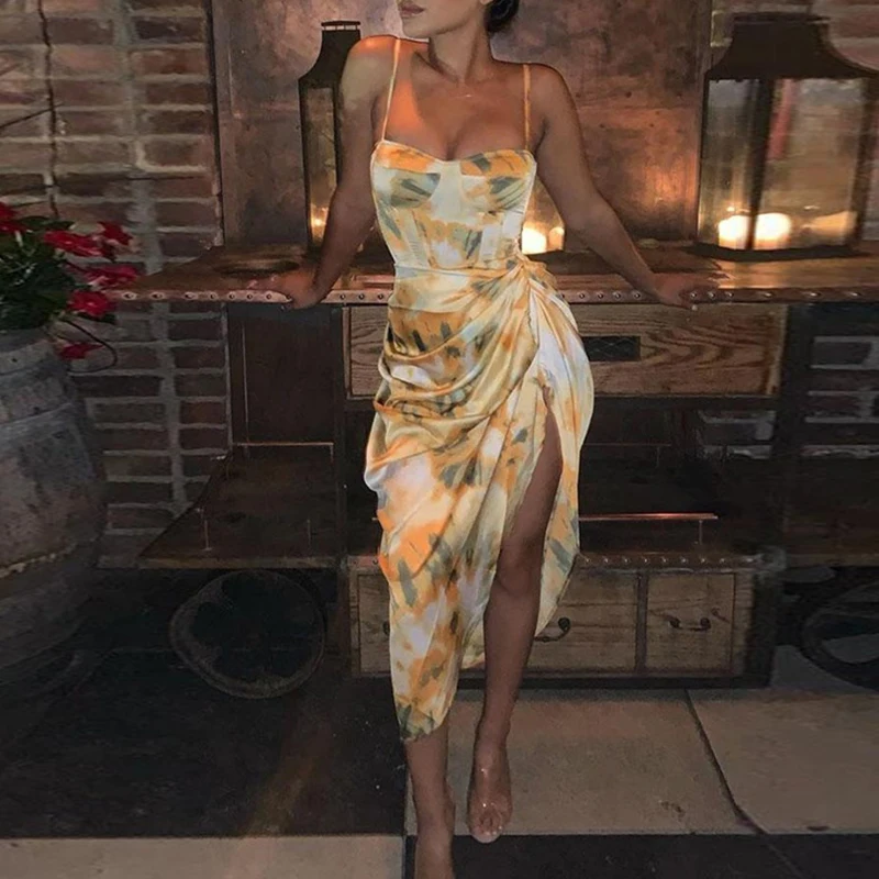 Платье макси с цветочным принтом золотого цвета на осень и зиму, женское длинное платье в стиле бохо с высоким разрезом, vestidos, без рукавов, пляжный стиль, сексуальное элегантное платье