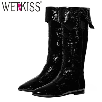 

WETKISS Pointed Toe Flat With Mid Calf Boots Fashion Lace Up Women Boots Solid Casual Female Shoes Autumn Non Slip High Boots