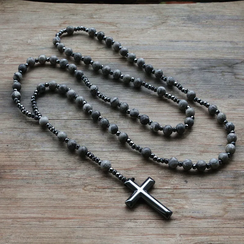 

6mm Lapis Lazuli stone bead & Hematite cross pendant necklace for Men Women Catholic Christ Rosary Cross Pendant Drop shipping