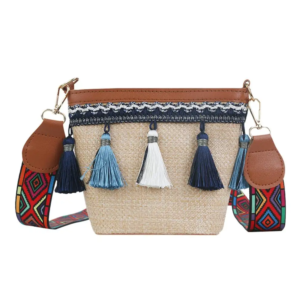 

Straw Tassel Crossbody Bag Women Weave Wide Shoulder Messenger Bags Fashion Color Strap Shoulder Bag Small Weaving Beach Bag